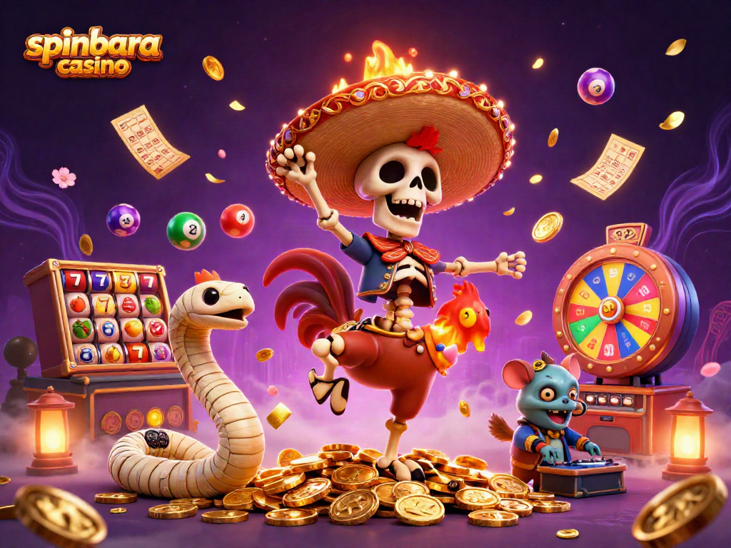 Celebrate with the spinbara casino as the skeleton mariachi rooster dances on gold, surrounded by vibrant gaming elements.