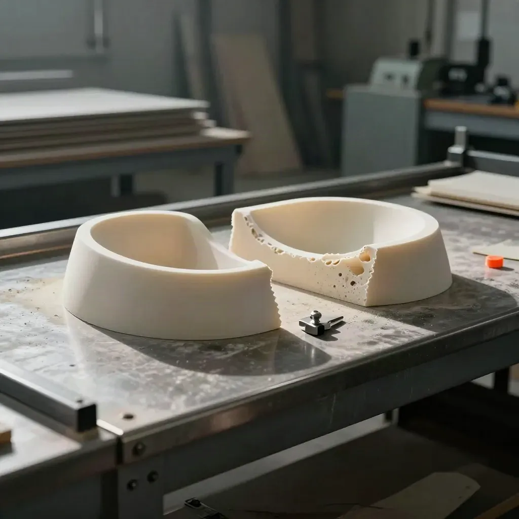 Prototipo de pieza con espuma rechazada y clip de ajuste en un banco industrial.