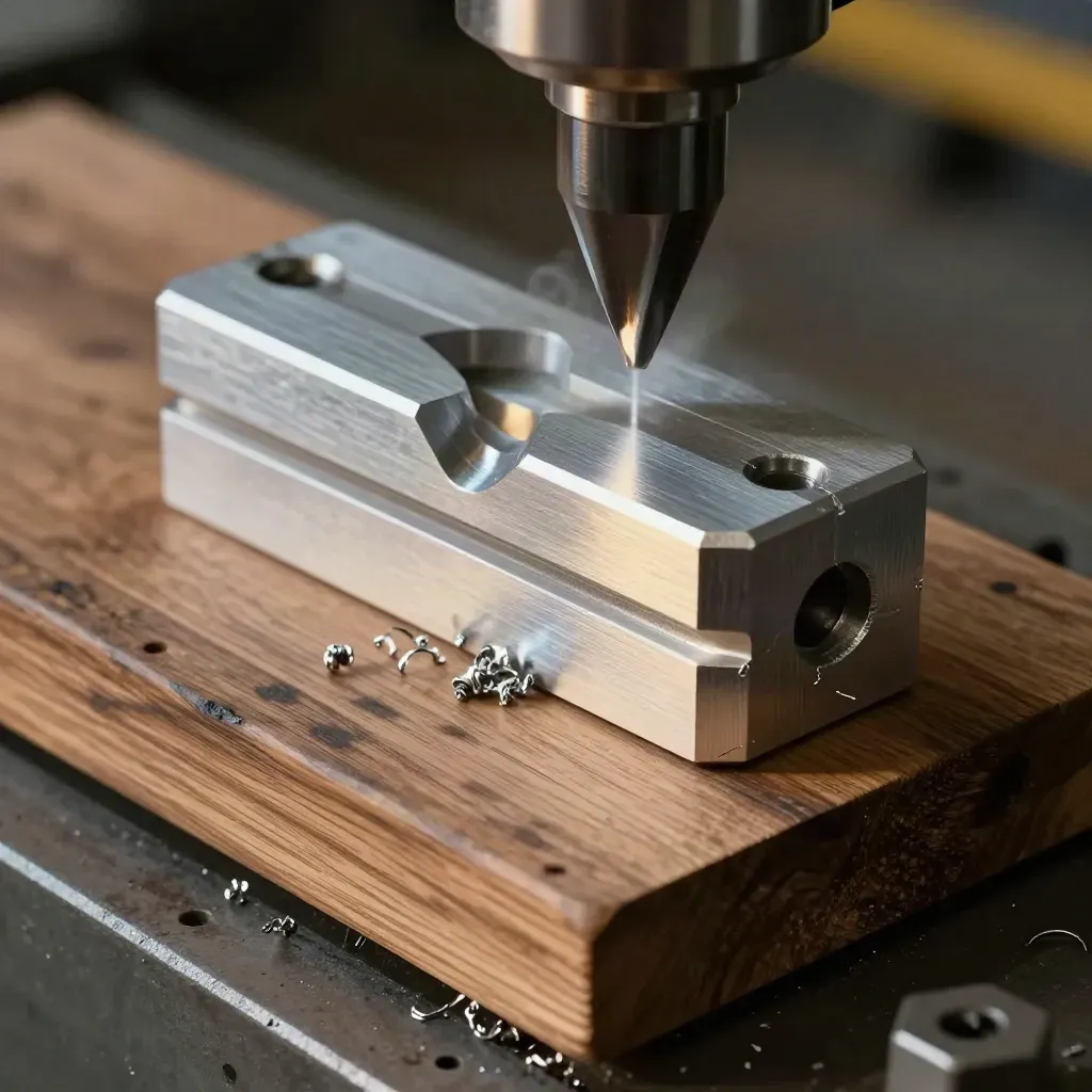 Pieza mecanizada de aluminio en mesa CNC con virutas y bloque de madera.