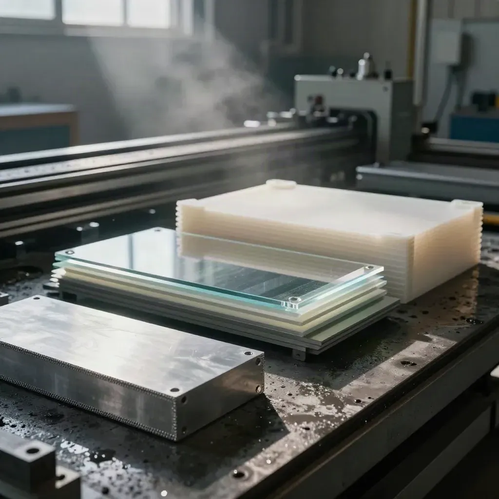 Bay de fabricación con prototipo de aluminio, corte láser, impresión 3D y CNC en luz dramática.