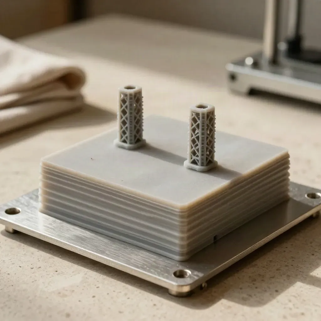 Enclosure PLA mate y torres de prueba impresas en 3D sobre una base metálica.