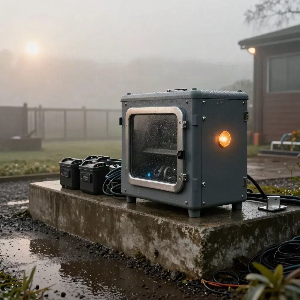 Carcasa IoT resistente a la lluvia sobre un banco de prueba exterior, con niebla y suelo mojado.