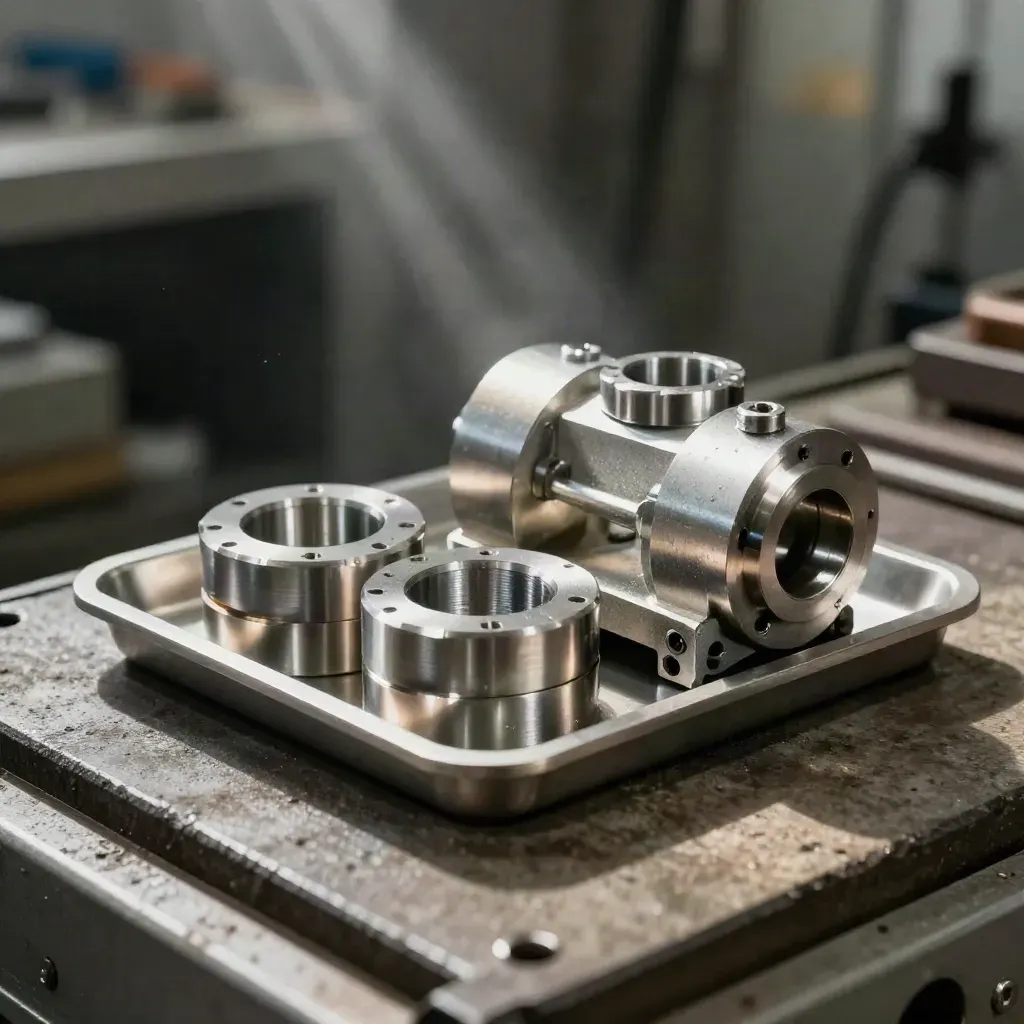 Piezas CNC de acero y subensamble mecanizado sobre cama de máquina, con bruma metálica.