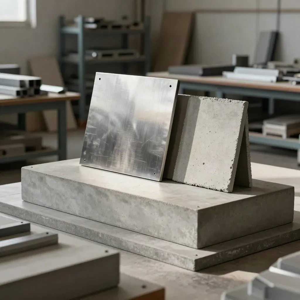 Maqueta industrial pulida sobre pedestal de cemento con muestras de material en un taller luminoso.