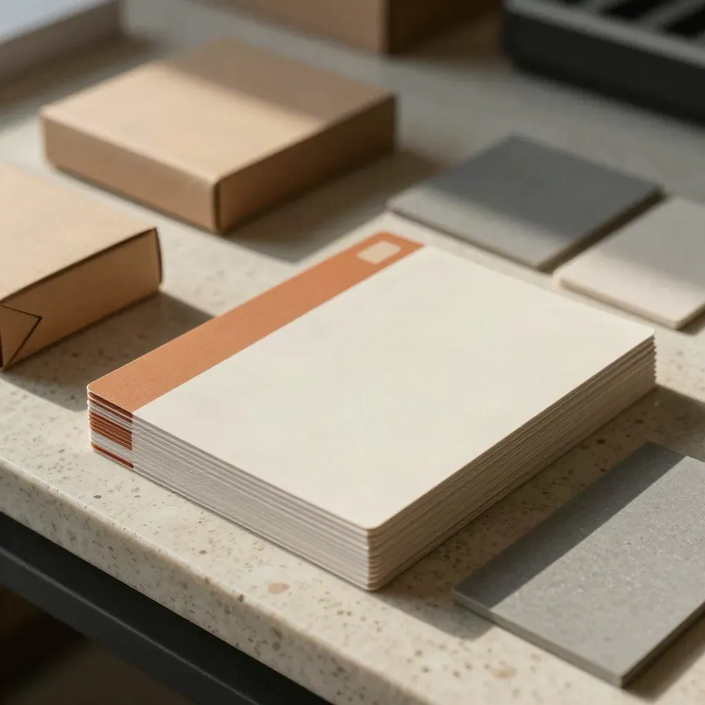 Tarjetas de muestras, cajas prototipo y swatches sobre travertino con luz suave.