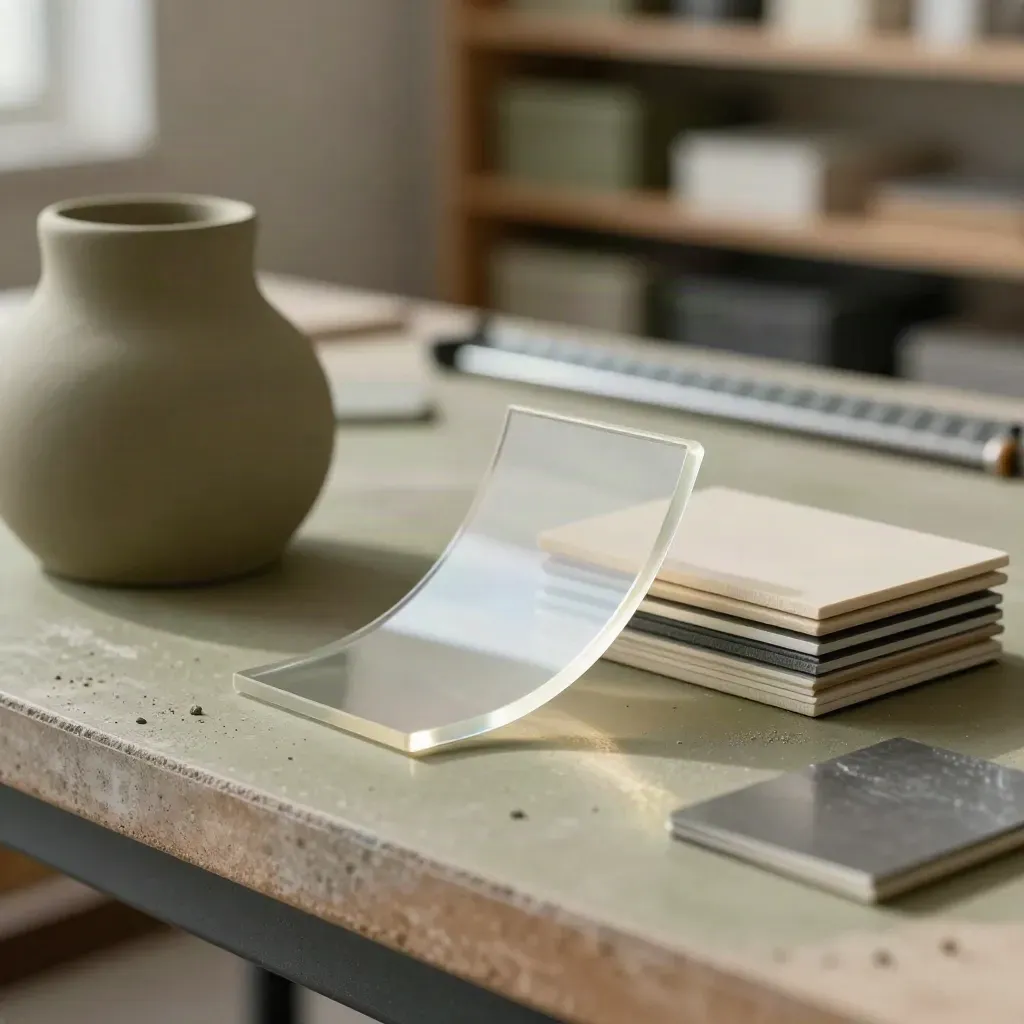 Maqueta de arcilla, curvas acrílicas y muestras de material en un taller de diseño.