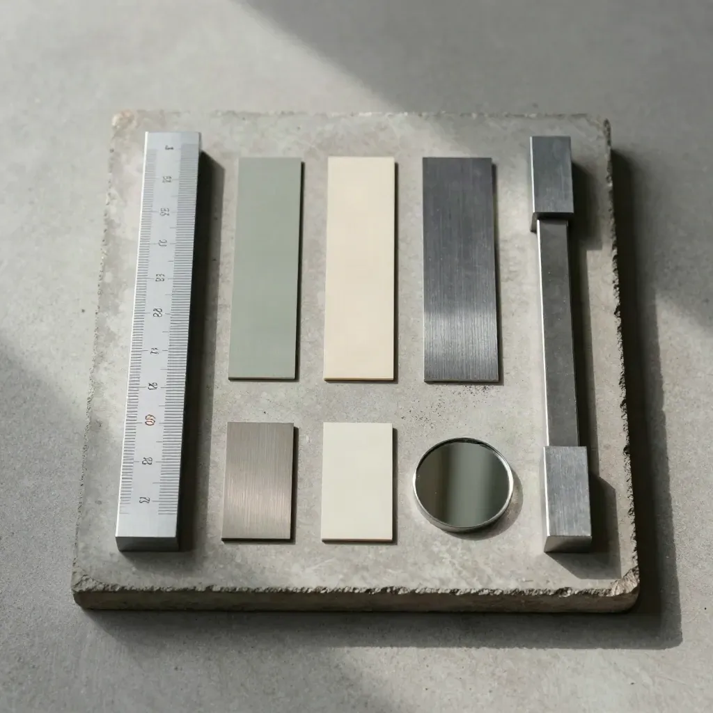 Bloques patrón y cupones de prueba junto a una pieza de referencia sobre cemento.