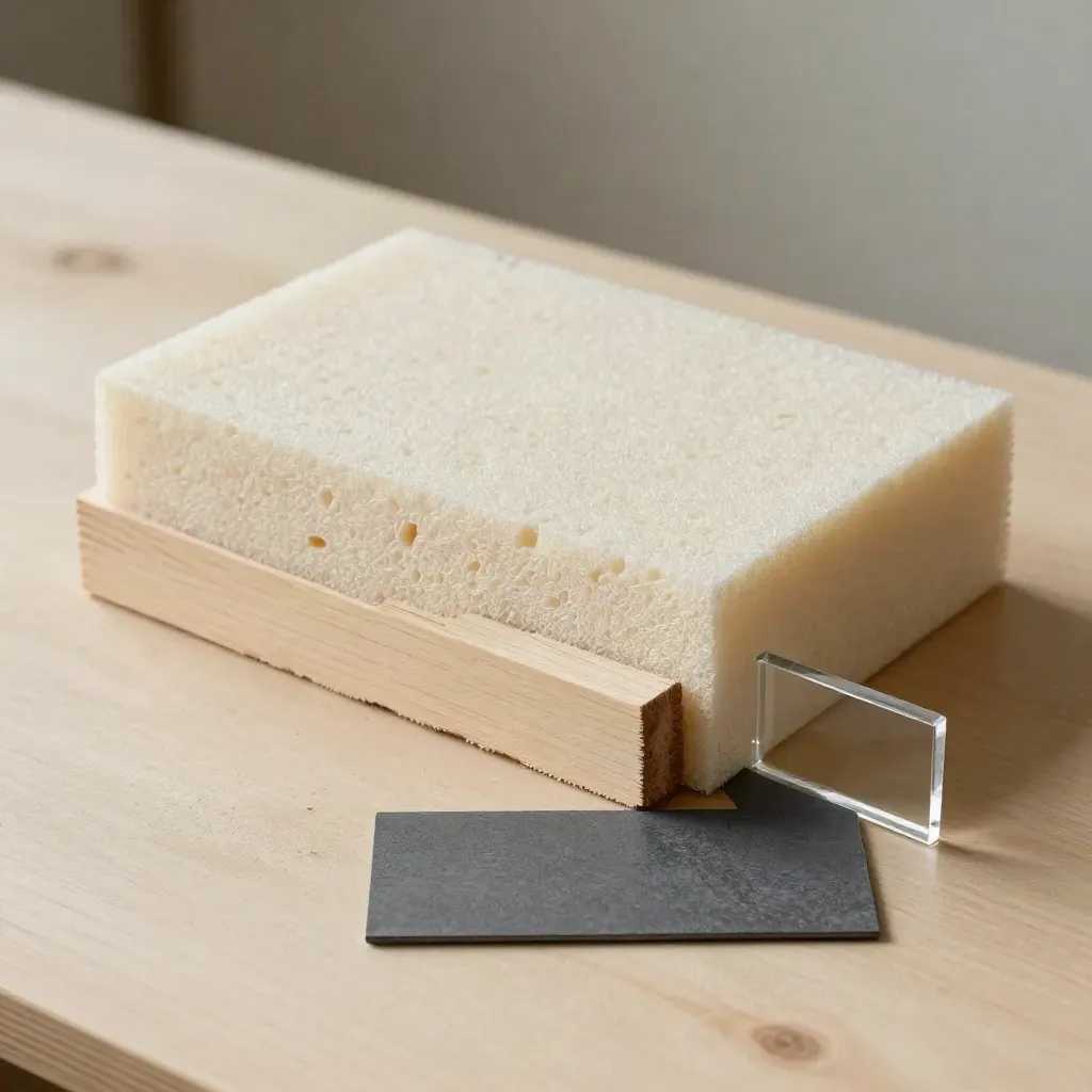 Muestra de espuma, madera de abedul y acrílico sobre madera clara, con luz suave y polvo fino.