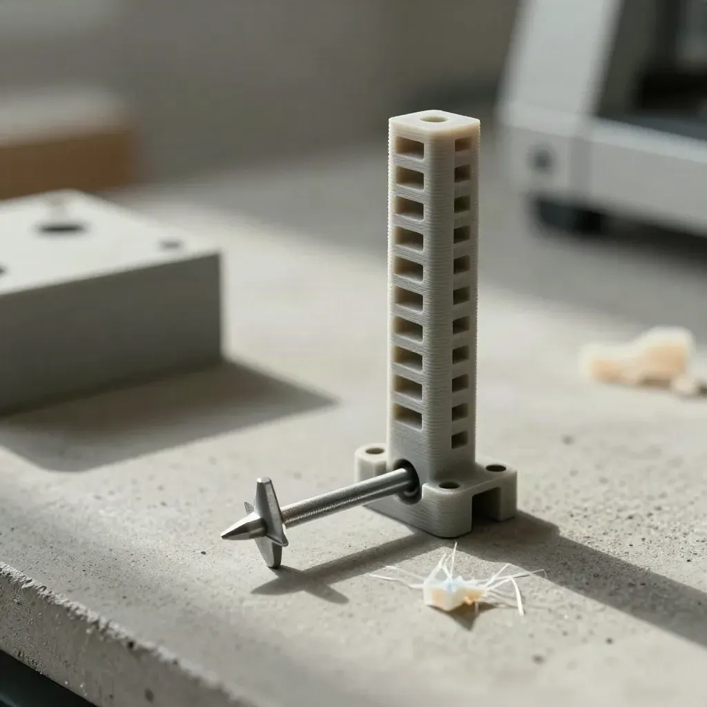Pieza impresa en 3D encajada con un peg sobre cemento, con hilos finos y una viruta de prueba.