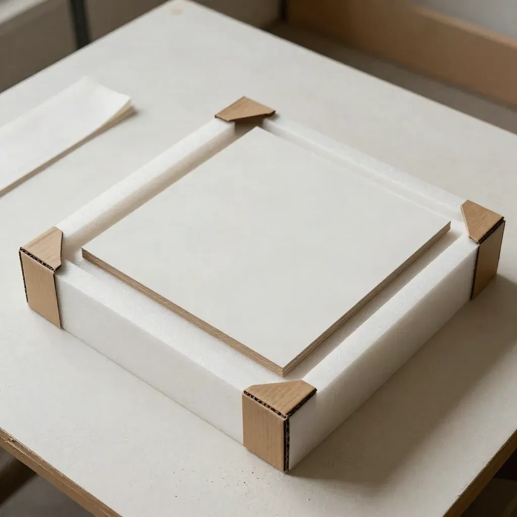Inserto de espuma con panel cortado por láser y esquineros de kraft listos para envío.