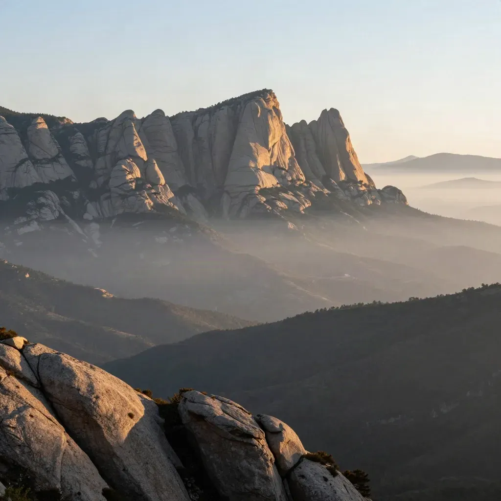 La serralada de Montserrat al amanecer sobre niebla suave en Cataluña.