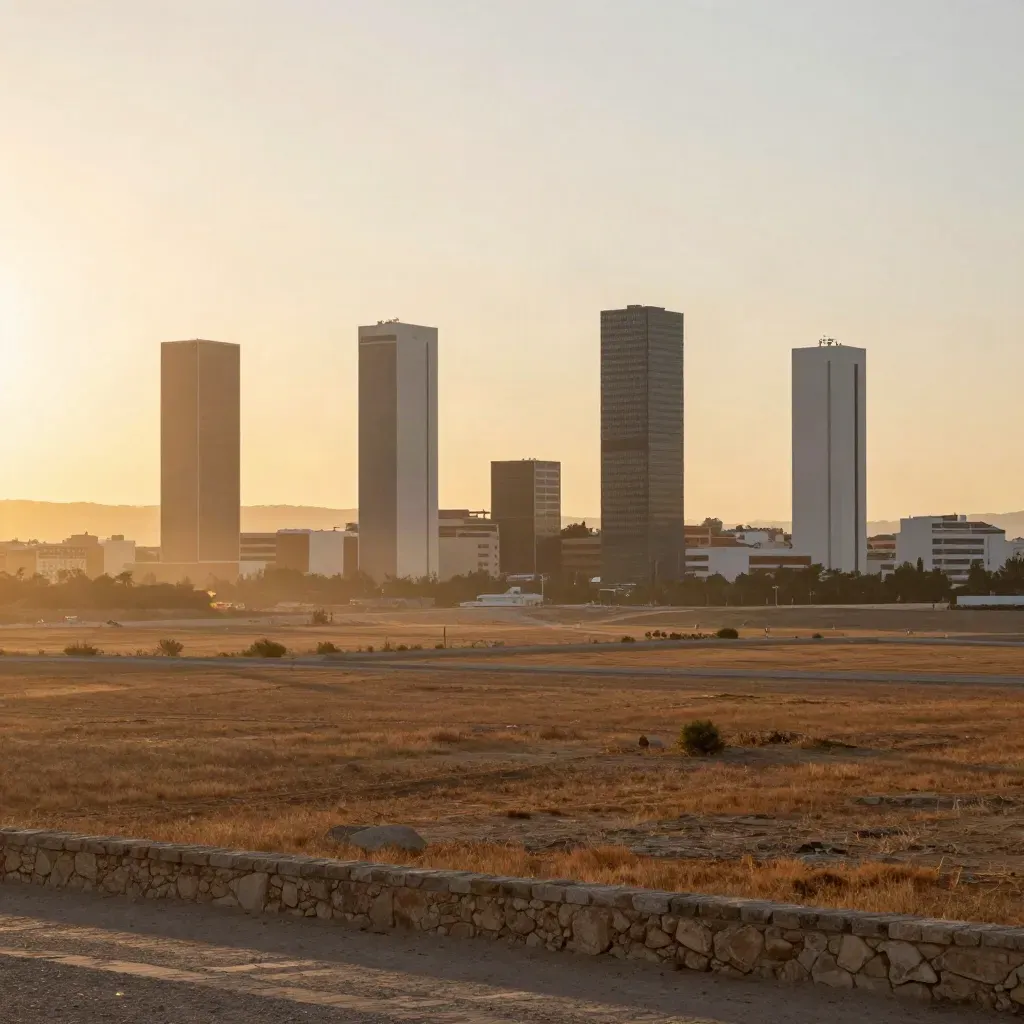 Skyline de Cuatro Torres sobre la llanura seca de Madrid al atardecer
