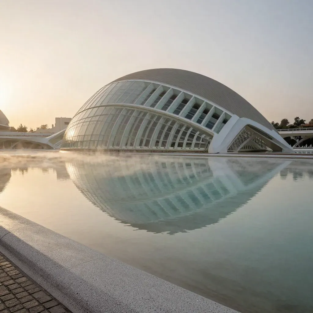 La Ciudad de las Artes y las Ciencias reflejada en un estanque tranquilo con bruma.