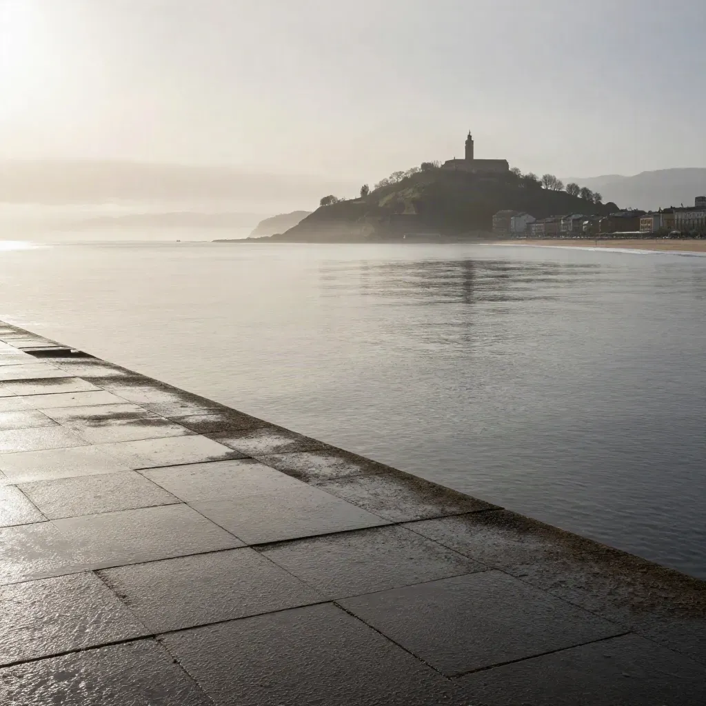 Bahía de San Sebastián con Monte Urgull y suelo de piedra mojada tras la lluvia.