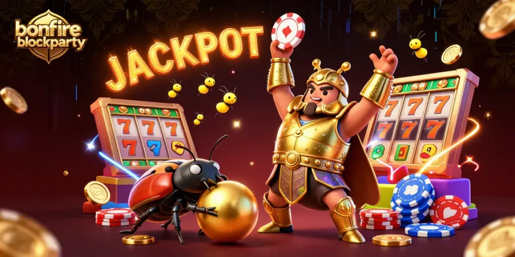 Experience the excitement of bonfireblockparty with a 3D beetle jackpot celebration in a colorful casino scene.