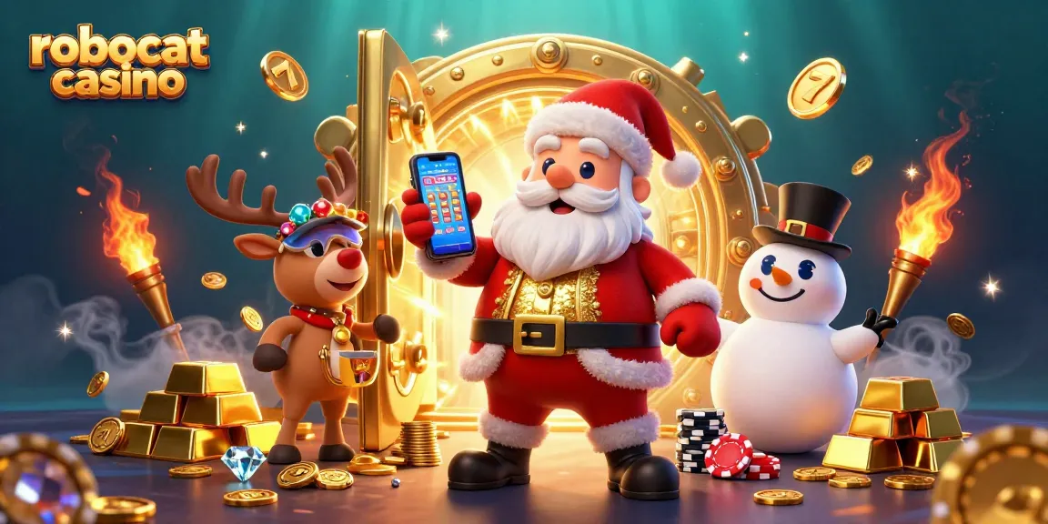 Engage with robocat casino's animated charm as Santa, a reindeer, and a snowman surround treasures and games.